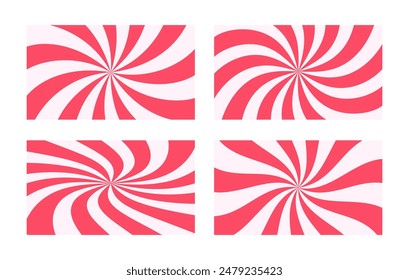 Strawberry ice cream swirled radial backgrounds set. Vortex sunbeams psychedelic pattern. 