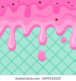 Strawberry ice cream or syrup flowing and dripping over mesh waffle background vector illustration