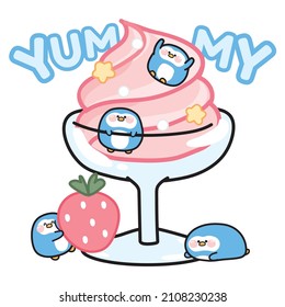 Strawberry Ice Cream With Tiny Penguin Hand Drawn.Cute Animal Character Cartoon Design.Yummy Text.Dessert.Sticker.Baby Product.Kawaii.Isolated.Vector.Illustration.