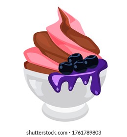 Strawberry ice cream topped with blueberry cream, with strawberry and blueberries in a glass, Isolated on a white background.
