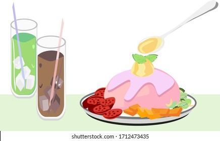 Strawberry ice cream and topping, color glasses vector illustration Summer dessert