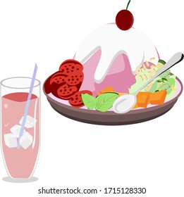 Strawberry ice cream and topping, vector illustration Summer dessert