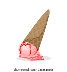 Strawberry ice cream upside down, ground with ice cream cone on top.Vector illustration isolated on white,