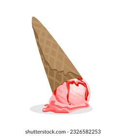 Strawberry ice cream upside down, ground with ice cream cone on top.Vector illustration isolated on white,