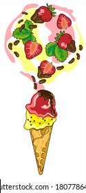 Strawberry ice cream vector isolate on white background. Fresh strawberry  in hot chocolate. Fruits juice splash organic food. Vector hand drawn illustrations. Juicy splatter strawberries 
