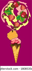 Strawberry ice cream vector on pink background. Fresh strawberry  with chocolate.  Vector hand drawn illustrations. Food  splatter strawberries 