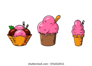 Strawberry ice cream vector set isolated on white background