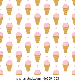 Strawberry ice cream in wafer cups seamless pattern background.
