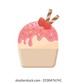 Strawberry ice cream with wafer rolls vector illustration. Fresh fruit and sweet dessert.