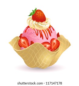 Strawberry Ice cream with waffle basket isolated on white background