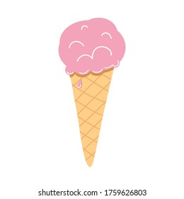 Strawberry ice cream in waffle cone. Vector illustration of ice cream. Delicious ice cream illustration. Melting ice cream. 