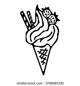 Strawberry ice cream in a waffle cone with striped sticks. Drawn in doodle style with contour on a white background. Vector.