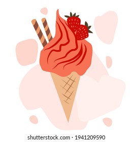 Strawberry ice cream in a waffle cone, against a background of abstract shapes. Minimalistic modern design. Vector color illustration for restaurants, cafes, food delivery service, social networks.
