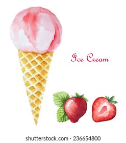 Strawberry ice cream in a waffle cone and orange wedges. Watercolor illustration, vector.