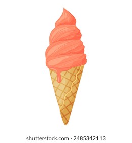 Strawberry ice cream in a waffle cone. Cool refreshing dessert Hand drawn flat style isolated. Vector illustration of sweets i fresh berries, cheerful and summery appearance. Vector illustration