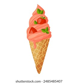 Helado de fresa en cono de gofre. Hojas maduras de bayas y menta Postre fresco y refrescante Dibujado a mano estilo plano aislado aspecto alegre y veraniego. Ilustración vectorial