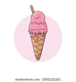 Strawberry Ice Cream in Waffle Cone Vector Illustration. Strawberry Ice Cream Scoops in Waffle Cone with Multi-Colored Sprinkles and Waffle Roll.