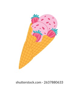 Strawberry ice cream in a waffle cone. Flat style berry fruit dessert vector illustration