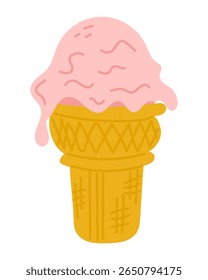 Strawberry ice cream in a waffle cone with pink melting scoop in simple flat style. Concept of summer sweetness, refreshing treat, and joyful indulgence.