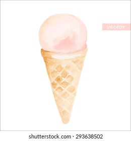 Strawberry ice cream waffle cone, Watercolor drawing, isolated on white. Vector.