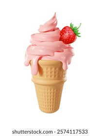 Strawberry ice cream. Waffle crispy cone with pink dripping melted ice cream Strawberry dessert with whipped cream. 3d realistic vector illustration