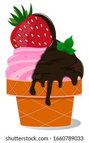 Strawberry ice cream in a waffle cup with chocolate icing and fresh berries with mint leaves. Detailed vector icons. A series of food and drink and culinary ingredients.