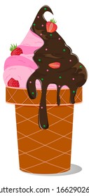 Strawberry ice cream in a waffle cup with chocolate icing and fresh berries. A series of food and drink and culinary ingredients.