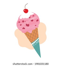 Strawberry ice cream in a waffle cup with a cherry on top. Delicious cold summer dessert. Sticker, print, poster, postcard, menu. Vector element isolated on white background.