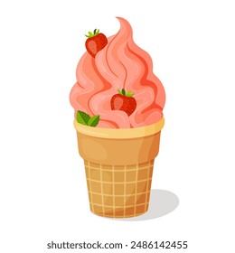 Helado de fresa en taza de gofre. Hojas maduras de bayas y menta Postre fresco y refrescante Dibujado a mano estilo plano aislado aspecto alegre y veraniego. Ilustración vectorial