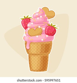 Strawberry ice cream in a waffle cup with strawberries, waffle hearts and sprinkles. Vector art. Eps 10