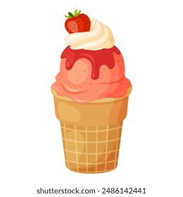 Helado de fresa con crema batida y fresas en taza de gofre. Fresco postre refrescante Dibujado a mano estilo plano aislado alegre y veraniego apariencia. Ilustración vectorial