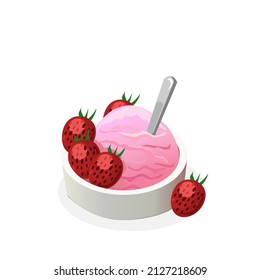 Strawberry ice cream in a white ceramic cup. Strawberry fruit is placed on the side.There is a spoon on top.Isolated vector illustration on a white background.