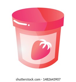 Strawberry ice cream or yogurt container.Colorful raster illustration in flat clipart style.