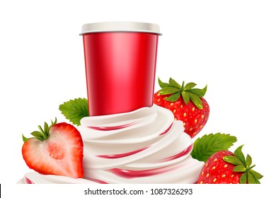 Strawberry ice cream and yogurt with fresh fruit and container in 3d illustration