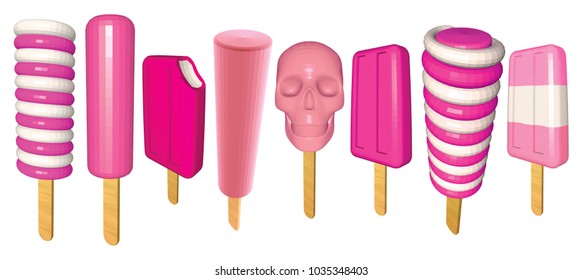 Strawberry Ice Creams Collection. Set of Popsicles Isolated on White. Popsicles in Pink and White. Low Poly Vector Illustration.