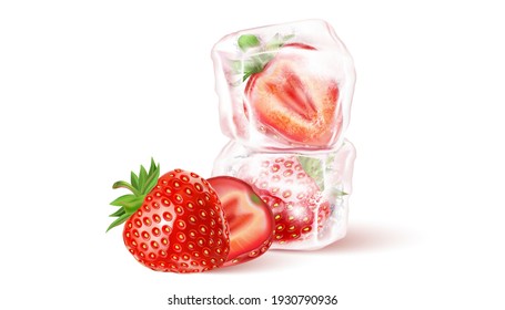 Strawberry ice cube isolated with strawberries slice of pieces element in the middle on white background. Realistic vector in 3D illustration.