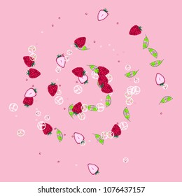 Strawberry and ice cubes on a pink background. Fruit background. Cocktail. Fruit freshness. Strawberry. Bright summer background. Bubbles.