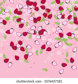 Strawberry and ice cubes on a pink background. Fruit background. Cocktail. Fruit freshness. Strawberry. Bright summer background. Bubbles.