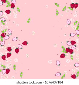 Strawberry and ice cubes on a pink background. Fruit background. Cocktail. Fruit freshness. Strawberry. Bright summer background. Bubbles.