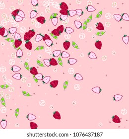 Strawberry and ice cubes on a pink background. Fruit background. Cocktail. Fruit freshness. Strawberry. Bright summer background. Bubbles.