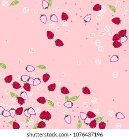 Strawberry and ice cubes on a pink background. Fruit background. Cocktail. Fruit freshness. Strawberry. Bright summer background. Bubbles.