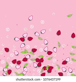 Strawberry and ice cubes on a pink background. Fruit background. Cocktail. Fruit freshness. Strawberry. Bright summer background. Bubbles.