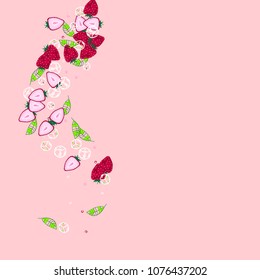 Strawberry and ice cubes on a pink background. Fruit background. Cocktail. Fruit freshness. Strawberry. Bright summer background. Bubbles.