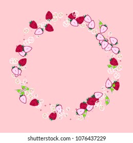 Strawberry and ice cubes on a pink background. Fruit background. Cocktail. Fruit freshness. Strawberry. Bright summer background. Bubbles.