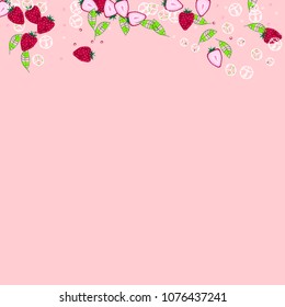 Strawberry and ice cubes on a pink background. Fruit background. Cocktail. Fruit freshness. Strawberry. Bright summer background. Bubbles.