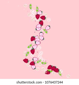 Strawberry and ice cubes on a pink background. Fruit background. Cocktail. Fruit freshness. Strawberry. Bright summer background. Bubbles.