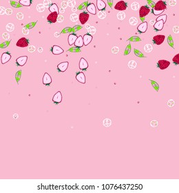 Strawberry and ice cubes on a pink background. Fruit background. Cocktail. Fruit freshness. Strawberry. Bright summer background. Bubbles.
