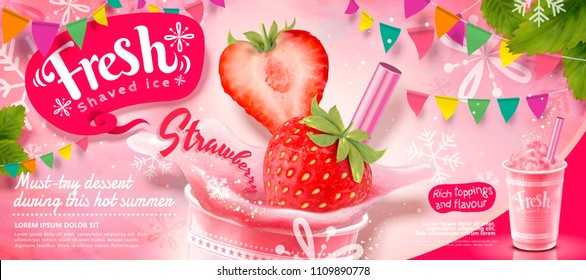 Strawberry ice shaved ads with fresh fruit in 3d illustration, pink party decoration with snowflakes