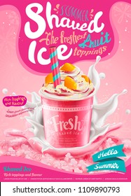 Strawberry ice shaved poster with splashing milk in 3d illustration, pink background with snowflakes