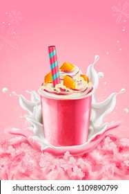 Strawberry ice shaved takeout cup with mango toppings and cream on pink background in 3d illustration